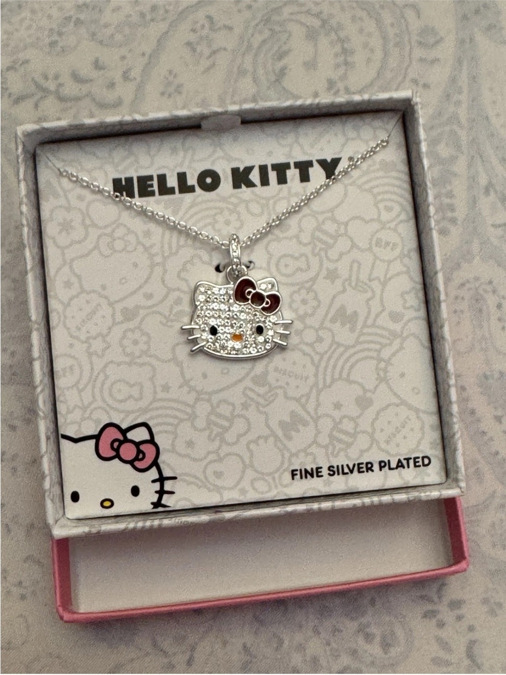 Hello Kitty Fine Silver Plated Crystal Face Necklace with Pink Enamel Bow